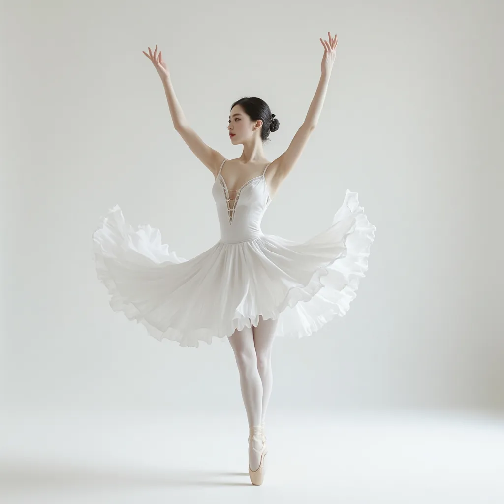 Prompt: Full body of a woman dancing, 
a woman in a white dress is dancing on a dance floor with a light background and a spotlight in the background, Chen Jiru, arabesque, elegant pose, a marble sculpture, A ballet move where you jump with your legs apart, 
AI defined exquisitely beautiful, totally ultra realistic young Korean, gorgeously detailed facial features, sumptuous cleavage, perfect body proportions, ultra pale, ultra glamorous, perfect shading, impeccable contrast, HDR, UHD, high res, 64k