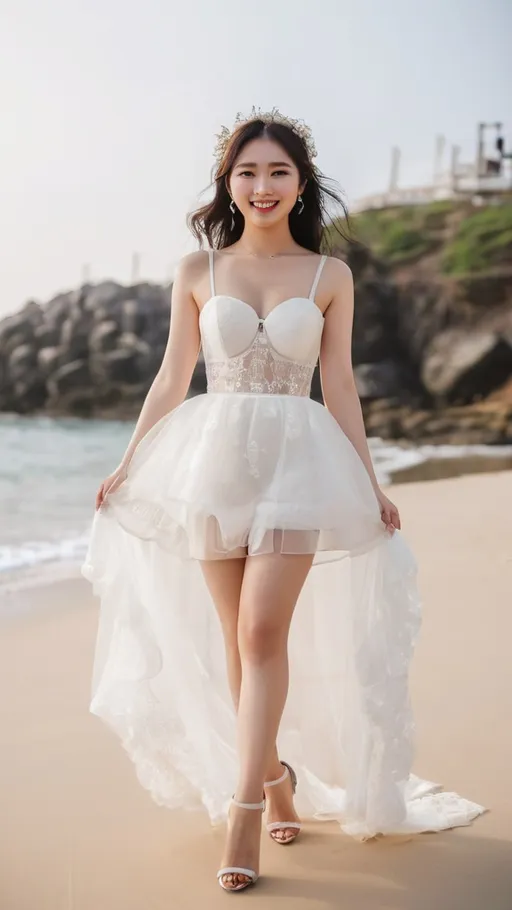 Prompt: Cute and glamorous 20-something Korean woman
Photoshoot wearing see-through mini wedding dress, garter belt, and high heels
Smiling expression
Outfit that emphasizes glamorous body
Clothing is a bit small
huge Chest sticks out
Holding a small bouquet in one hand.
A dazzlingly beautiful Korean woman in her 20s taking off her wedding dress on the beach
Thighs visible
Wearing a garter belt
splash art, hyper detailed, ultra realistic, highly detailed, surreal heavy mist, AI defined exquisitely beautiful, totally ultra realistic young adult Korean, gorgeously detailed facial features, sumptuous cleavage, perfect body proportions, ultra pale, ultra glamorous, perfect shading, impeccable contrast, HDR, UHD, high res, 64k