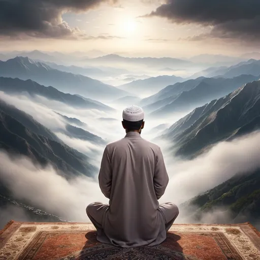 Prompt: Muslim man doing praying viewed from behind and above, beautiful mountainous background, misty clouds, high quality, realistic, serene atmosphere, detailed facial features, spiritual, peaceful, foggy mountains, atmospheric lighting