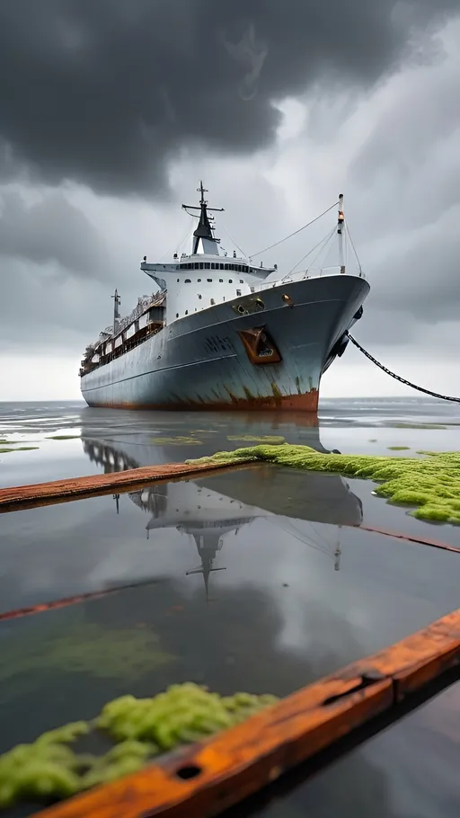 Prompt: (water level camera angle) capturing the serene water reflections, (detailed zoom) showcasing the ship's weathered wood texture with algae on the side, the side of the ship taking up most of the frame, (blurry background) of an old port rising above the grey misty waves, (detailed clouds) grey thunder clouds filling the sky in the background, ultra-detailed, breathtaking cinematic ambiance, grey and orange hue, very dark.