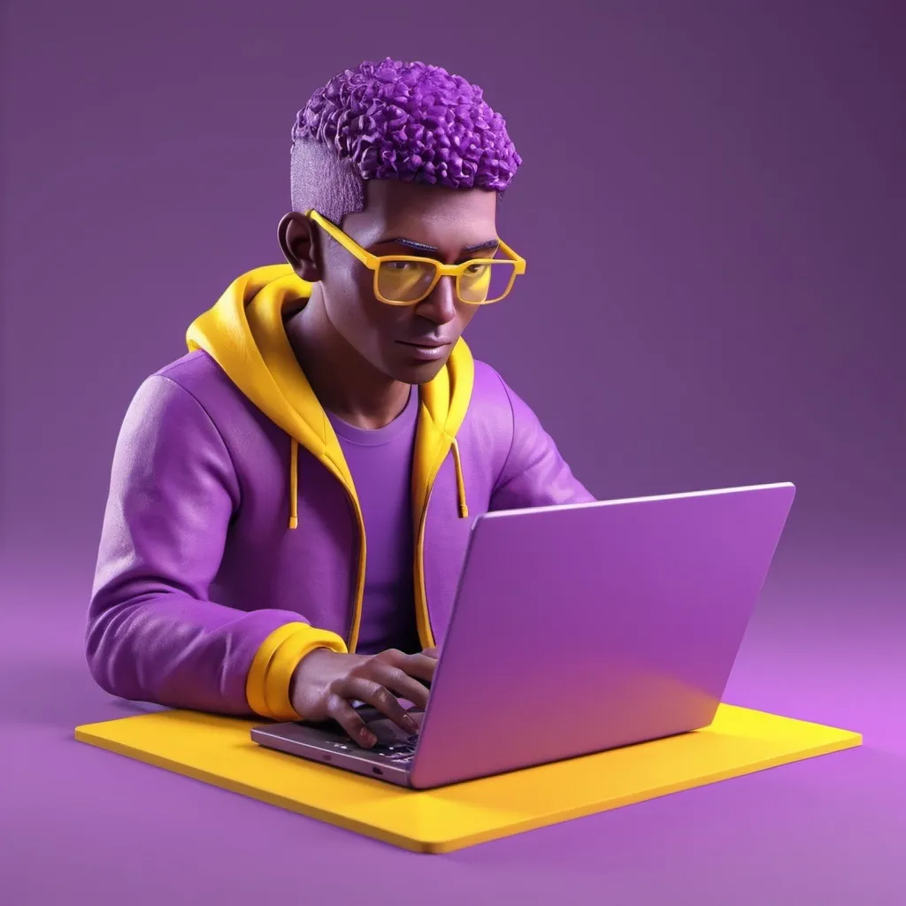 Prompt: 3d illustration of animated 
programmer using purple and yellow colors mostly