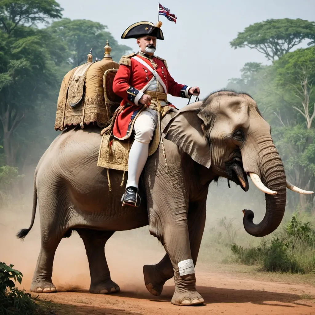 Prompt: Colonial general riding on a elephant 