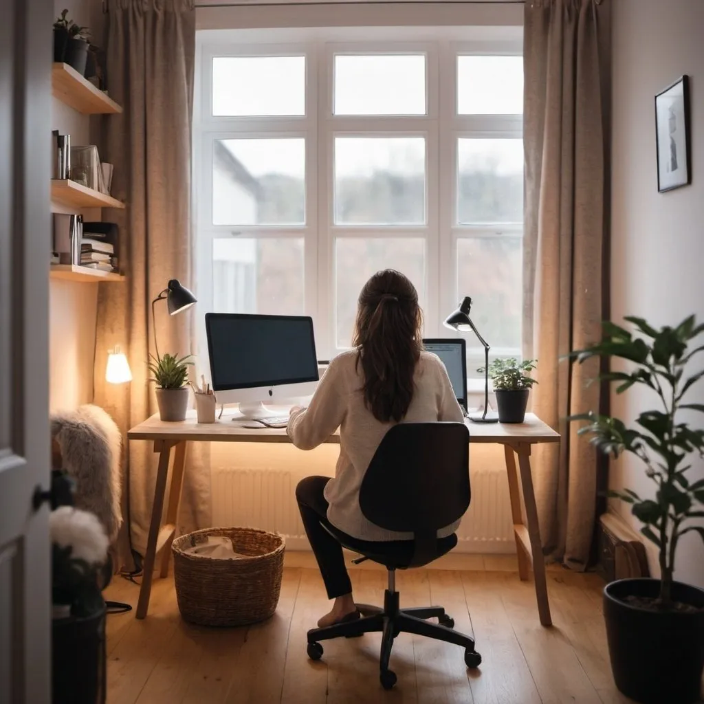 Prompt: a woman is working from home and we can see her from the back in a room, the room is cosy