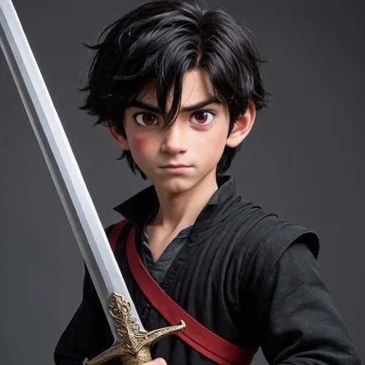 Prompt: A Disney boy carrying a sword and has red eyes black hair, black clothes