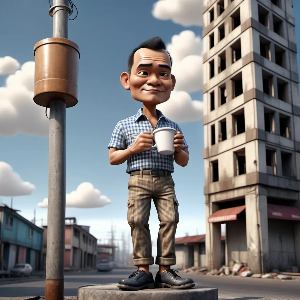 Prompt: Very realistic 4D cartoon of a big-headed handsome Indonesian man aged 48 wearing a checkered shirt, cargo pants, big leather shoes, leaning on a concrete electric pole, one leg bent while holding a cup of hot coffee, background of a tall, shabby building by clouds. blue black 16k UHD