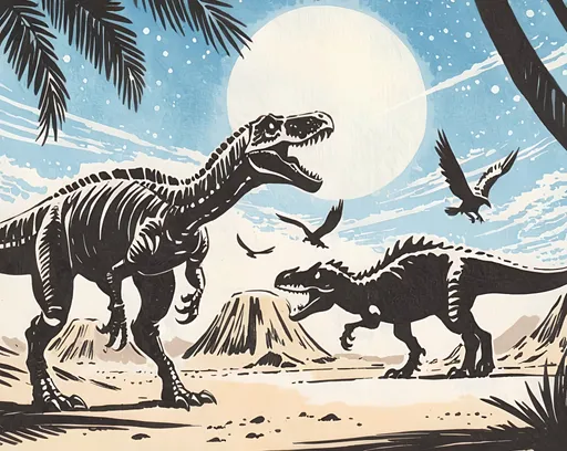 Prompt: {Kaiju}, {Dinosaur roaring, reptile, bird, feathers, huge jaws, teeth, claws}, {badlands, desert, sand}, {Tyrannosaurus, Stegosaurus, Triceratops, Velociraptor}, {Dinosaur skeleton}, {bokeh lights, lens flare}, {{{masterpiece}}}, {{{best quality}}}, {{{ultra-detailed}}}, {illustration}, {8k}