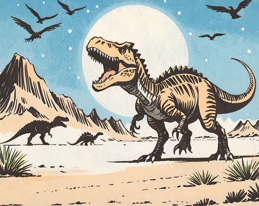 Prompt: {Kaiju}, {Dinosaur roaring, reptile, bird, feathers, huge jaws, teeth, claws, horns, tail, spikes}, {badlands, desert, sand}, {Tyrannosaurus, Stegosaurus, Triceratops, Velociraptor}, {Dinosaur skeleton}, {bokeh lights, lens flare}, {{{masterpiece}}}, {{{best quality}}}, {{{ultra-detailed}}}, {illustration}, {8k}
