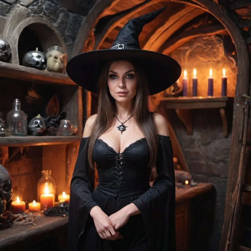 Prompt: An attractive female witch posing in her lair