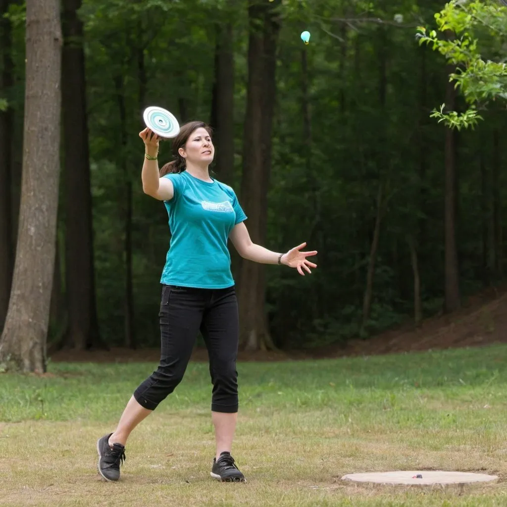 Prompt: A woman playing disc golf.