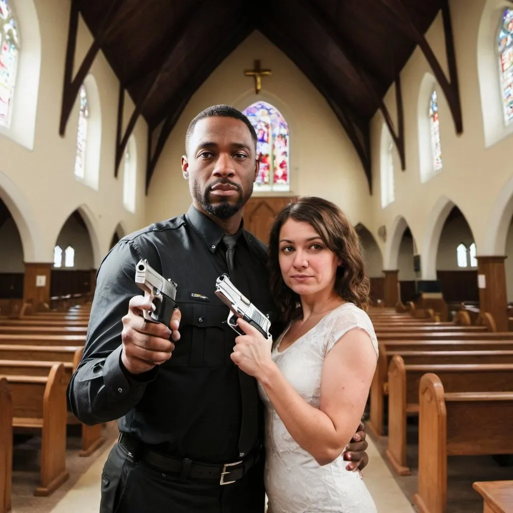 Prompt: One man and one woman posing together.  The man has a handgun and they are in a church..