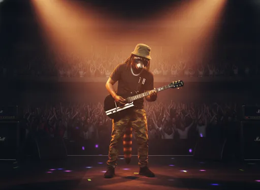 Prompt: @MeyXamAX0limv4Fo2iqx is playing  guitar on a stage with huge crowed watching 