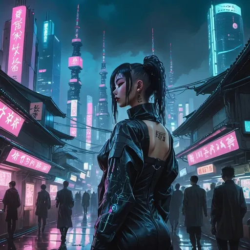 Prompt: cyberpunk tokyo but the rich live in the sky and the pout live on the ground 