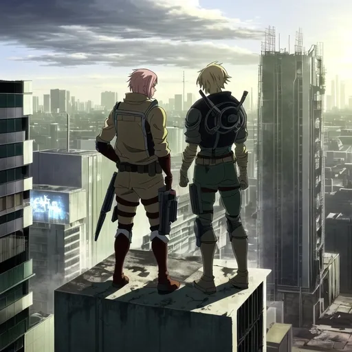 Prompt: Anime post apocalyptic style, 2 light hair men standing on a building looking at a city