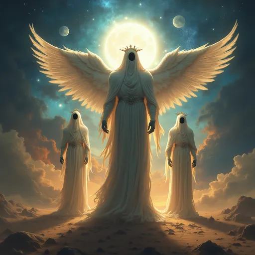 Prompt: celestials, in outer space, detailed, cosmic, celestial beings, myth, power, multiple, faceless, 3 figures