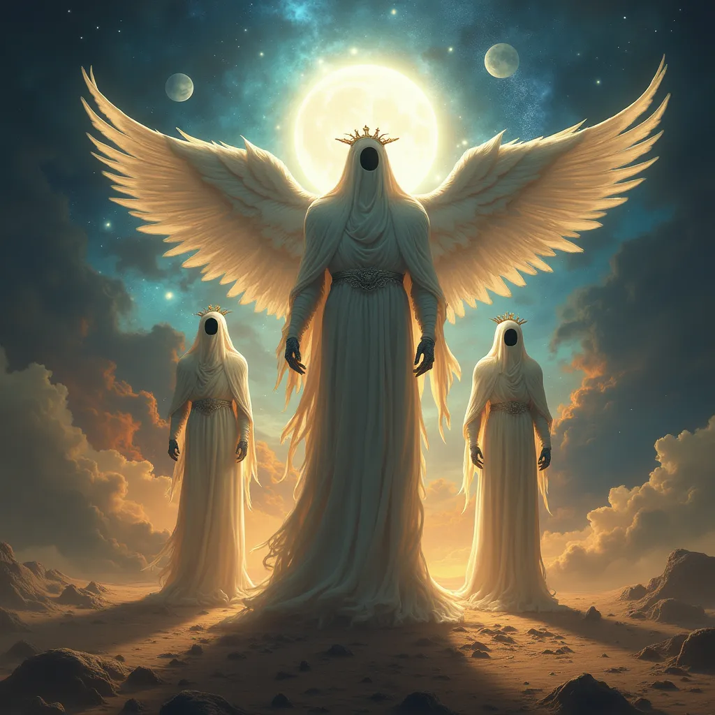 Prompt: celestials, in outer space, detailed, cosmic, celestial beings, myth, power, multiple, faceless, 3 figures