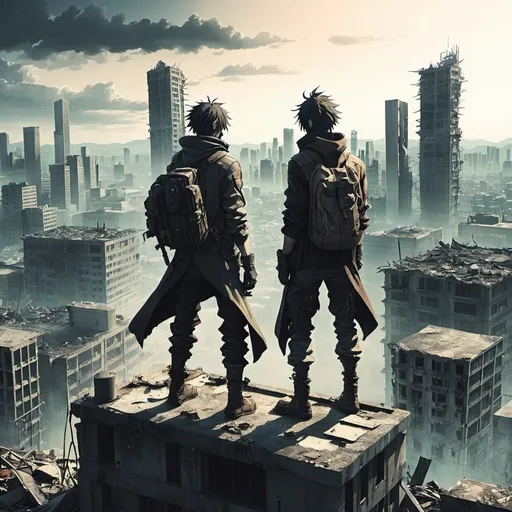 Prompt: Anime post apocalyptic style, 2 men standing on a building looking at a city
