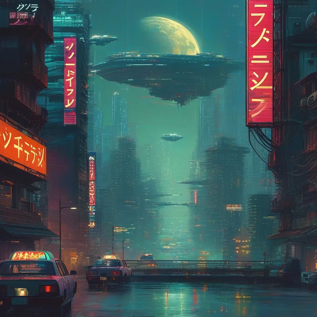 Prompt: cyberpunk tokyo but the rich live in the sky in a floating city and the poor live on the ground. nightmare with flying cars, floating buildings above the buildings on the ground 