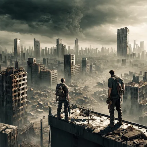 Prompt: men standing on building looking at a post apocalyptic city 
