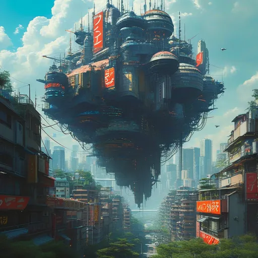 Prompt: cyberpunk tokyo but the rich live in the sky in a floating city and the pout live on the ground 