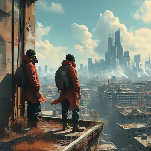 Prompt: 2 men wearing mask standing on a building looking at the post apocalyptic world 