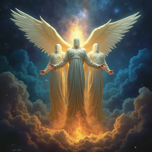 Prompt: celestials, in outer space, detailed, cosmic, celestial beings, myth, power, multiple, faceless, 3 figures
