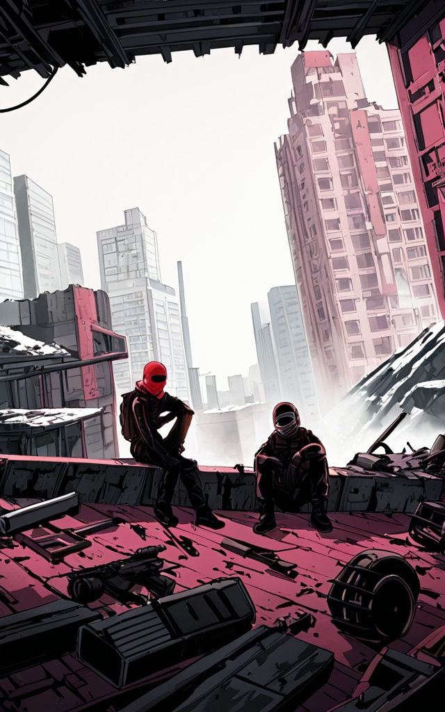 Prompt: anime, detailed, 2 men, wearing ski mask, tactical gear, sitting on fallen building, wide view, red hues