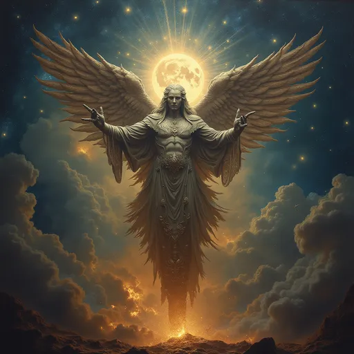 Prompt: celestials, in outer space, detailed, cosmic, celestial beings, myth, figures, power, multiple, faceless