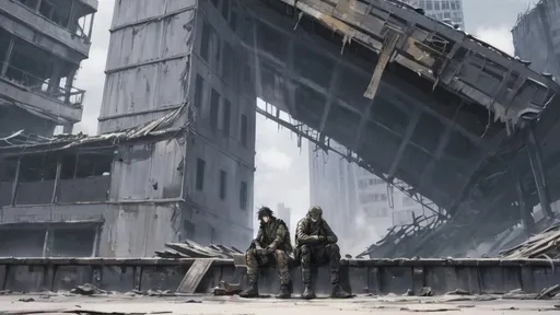 Prompt: anime style, horror, two men sitting on building, post apocalypse, tactical gear