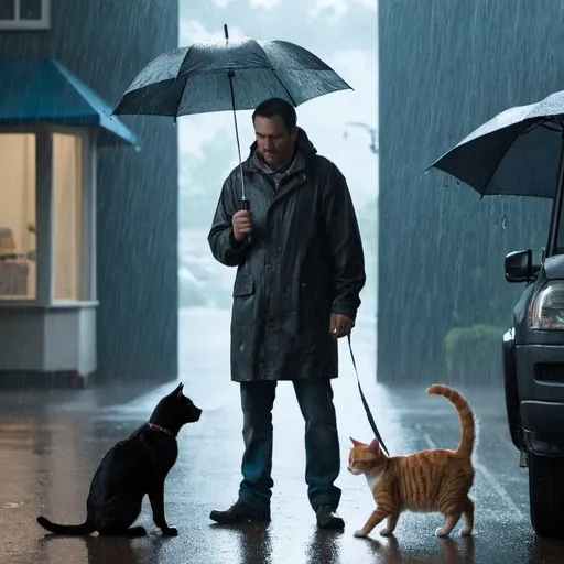 Prompt: A Man standing in the rain with a dog and a cat in his hand

