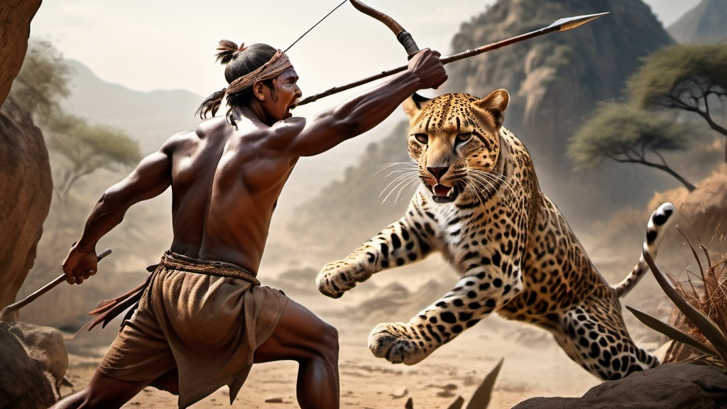 Prompt: hunter-gatherer (fighting with spear), battling a fierce leopard, intense atmosphere, ancient village backdrop, rugged terrain, wild foliage, dramatic HD action, dynamic poses, rich earth tones, (historical detail), (3200 BC), visceral emotions, HDR quality, ultra-detailed design, captivating scene depicting survival and courage, immersive imagery.