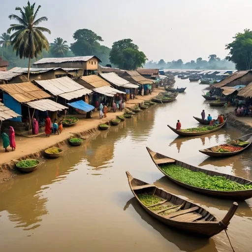 Prompt: Create a Bangladeshi village picture where boats on river and a market bank of river