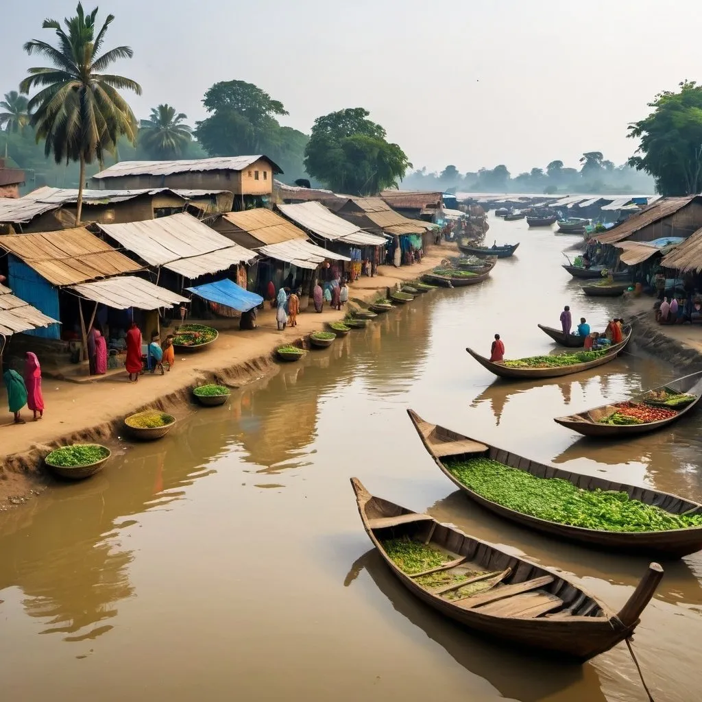 Prompt: Create a Bangladeshi village picture where boats on river and a market bank of river