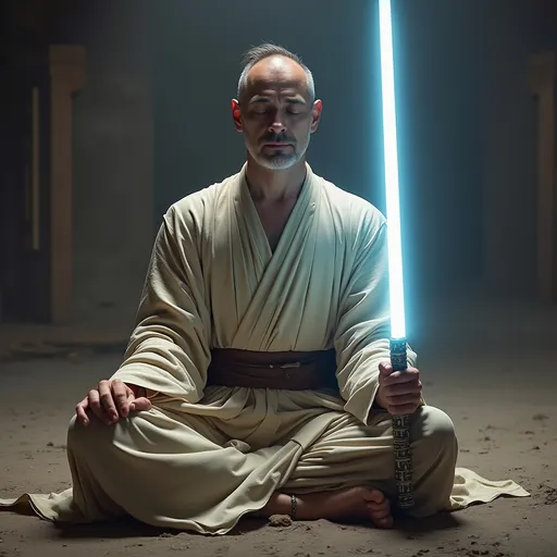 Prompt: A Jedi in meditation, their lightsaber by their side, ready to defend the galaxy.