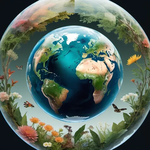 Prompt: Planet earth in the background with translucent images of flora and fauna layered on top so that you only see earth through this top layer