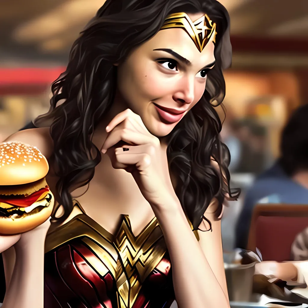 Prompt: Real girl , Gal Gadot likeness as Wonder Woman, eating a hamburger 