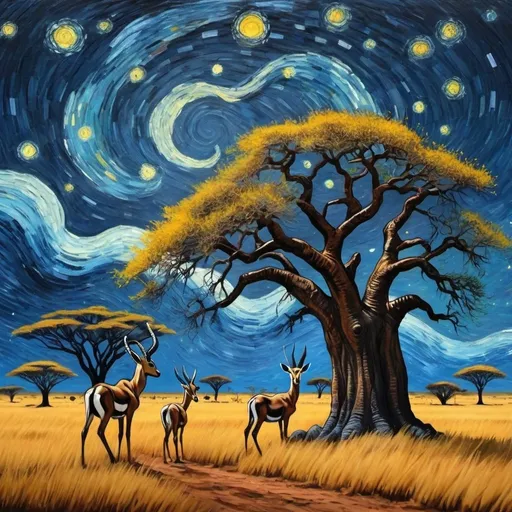 Prompt: A painting in Van Gogh style of a starry night on the African savanna with baobab and acacia trees and springbok grazing in the grassland