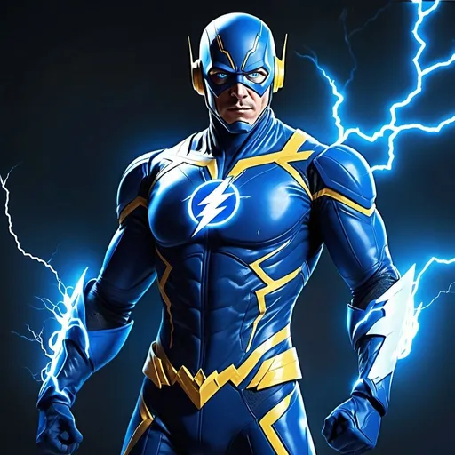 Prompt: Flash and super man combined into Blue superhero with lightning full blue lightning and suit with blue glowing eyes 