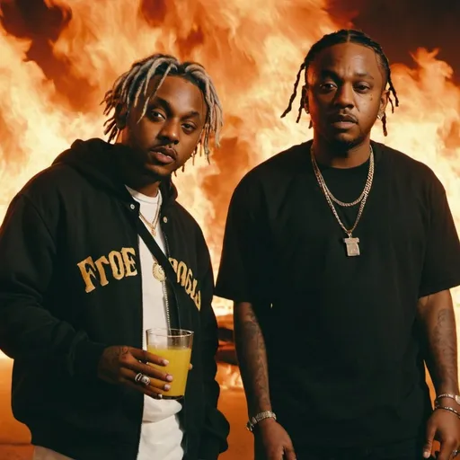 Prompt: juice wrld and Kendrick Lamar in a house on fire