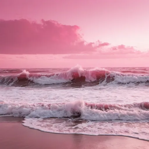 Prompt: Pink sky with a pink ocean with crashing waves