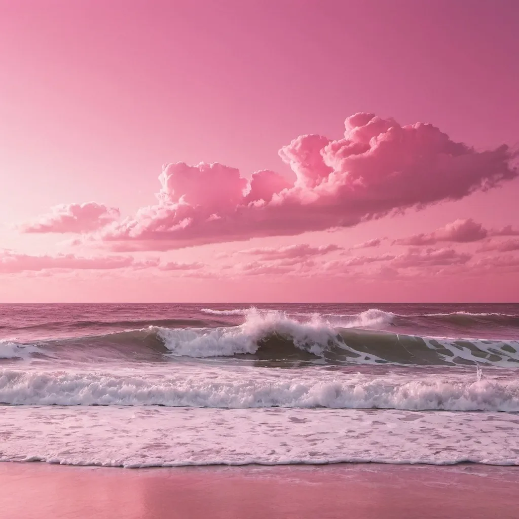 Prompt: Pink sky with a pink ocean with crashing waves