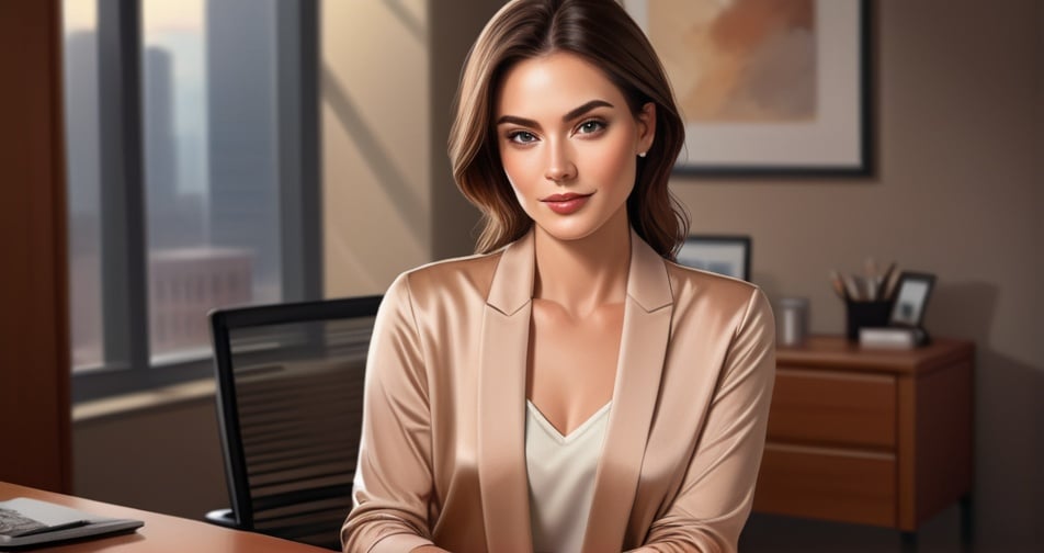 Prompt: High-quality digital painting of a professional woman at a desk, satin top, open sweater, corporate setting, detailed facial features, warm lighting, realistic, business casual, modern office, natural makeup, elegant, professional, serene atmosphere, detailed clothing, portrait, digital painting, warm tones, subtle shadows