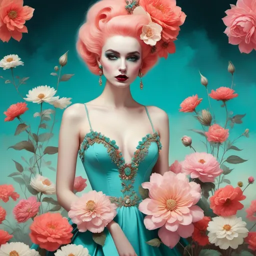 Prompt: Woman in a turquoise dress, surrounded by tall flowers, punky floral goddess, high fashion editorial, Marie Antoinette inspired, Tom Bagshaw style, Mark Ryden, Trevor Brown, pop surrealism, punk fusion, vivid pastel tones, vibrant, unique style, high fashion, detailed, surreal, turquoise dress, tall flowers, floral goddess, art by Victor Mosquera, editorial, detailed flowers, punky