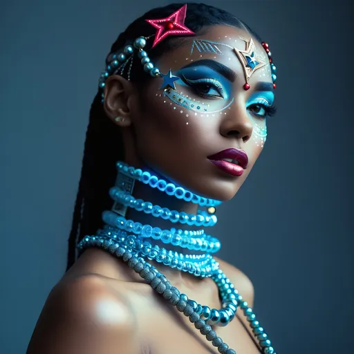 Prompt: a woman with a face painted like a star and beads on her neck and neckline, with a star on her forehead, Araceli Gilbert, afrofuturism, behance hd, a character portrait