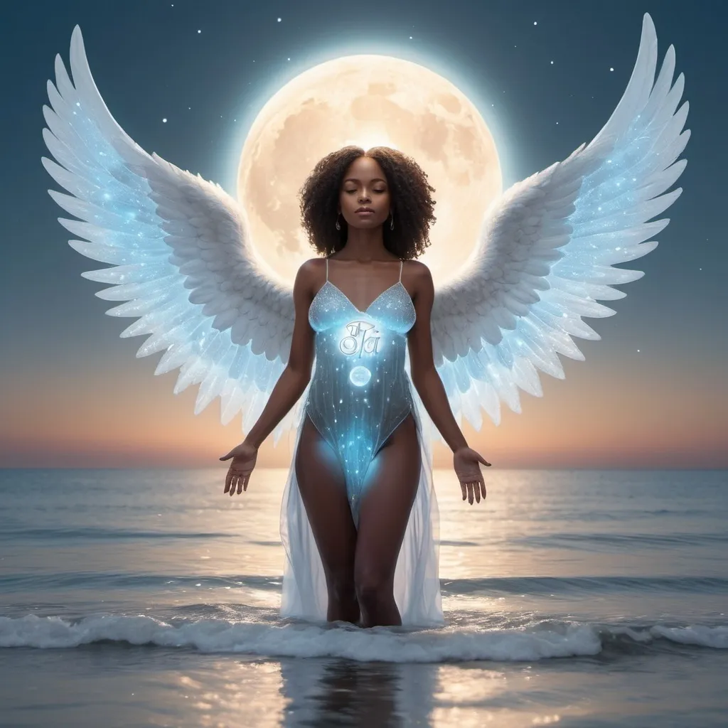 Prompt: black female angel standing on the ocean's surface surrounded by glowing crystals, moon glowing with a soft white light over the horizon, warm backlighting, a soft baby blue hue, the words, "fruit of the spirit" written in elegant lettering above the angel's head