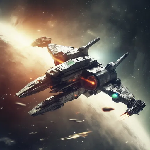 Prompt: A space fighter, grungy, dull atmosphere, muted colors, lens flare, dynamic action,