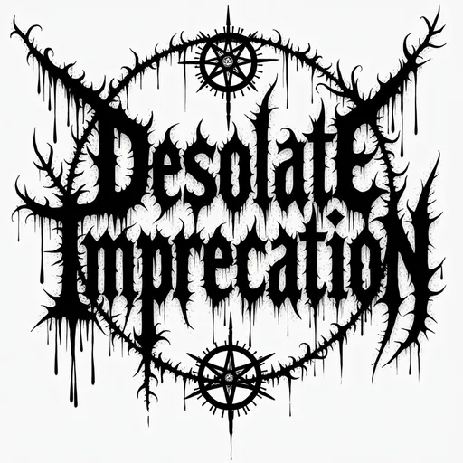 Prompt: Black metal logo for a band named “Desolate Imprecation”, sharpe lettering, vines and splatter coming from the letters, black and white, magic symbolism circling around the logo, magic sigils at the top