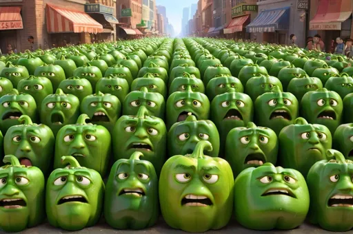 Prompt: People with green bell peppers for heads living in a busy city