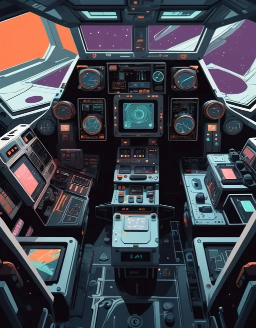 Prompt: a cockpit of a spacecraft in the style of cassette futurism