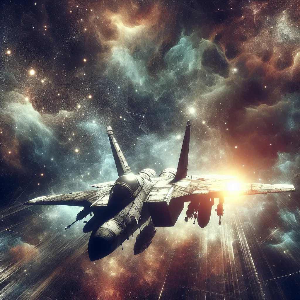 Prompt: A space fighter, grungy, dull atmosphere, muted colors, lens flare, dynamic action,