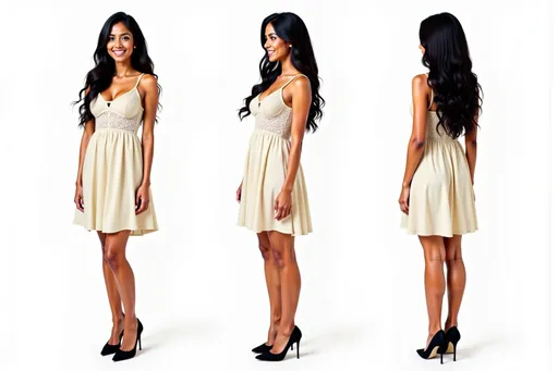 Prompt: A full-body character sheet of photorealistic smiling woman ef0f1c0e with long wavy black hair, cream lace dress, black high heels displayed in three clear views on a clean white background, arranged in a three-column grid pattern with equal spacing and importance. Left panel: front view showing complete anatomical details and outfit. Center panel: perfect 90-degree side view (profile) clearly showing the character's side silhouette, facial profile, and outfit from a direct lateral perspective. Right panel: back view revealing posterior details Each view maintains consistent scale, lighting, and full-body presentation from head to toe. All three perspectives must be equally detailed and given equal prominence in the composition.